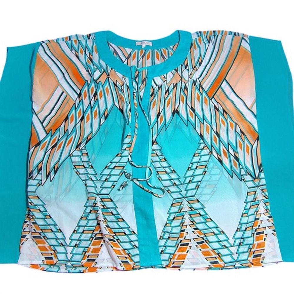 Halo SouthWestern Print Tie Neck Blouse Top Teal Orange White Women's Size M